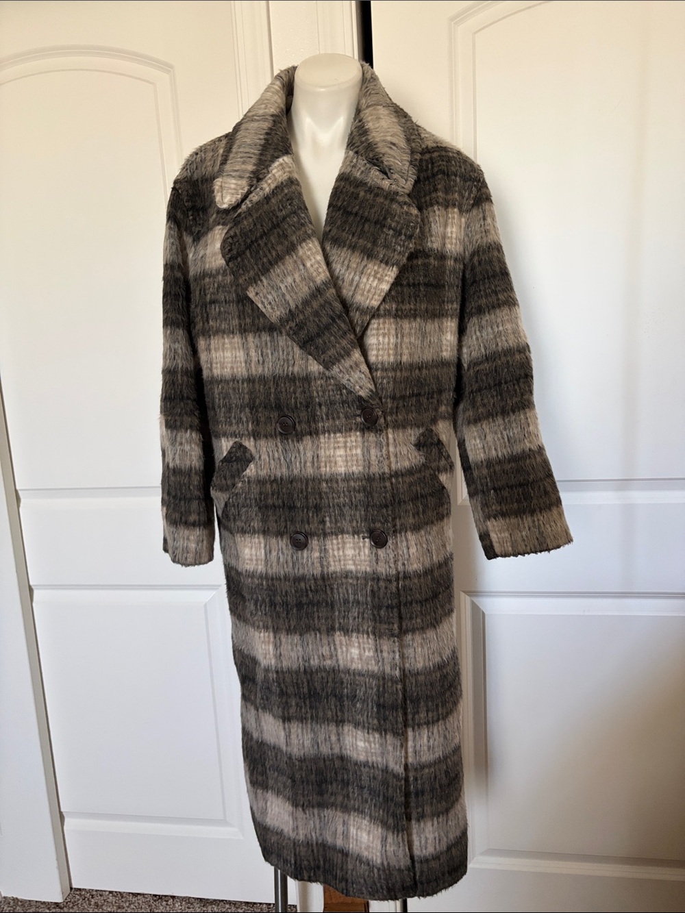 ASOS Long Double-Breasted Plaid Trench Coat in Gray and Cream